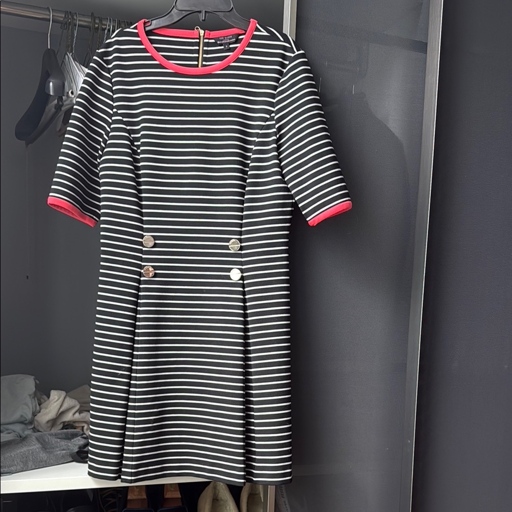 Ted Baker London Black and White Striped Kids Dress with Pink Trim